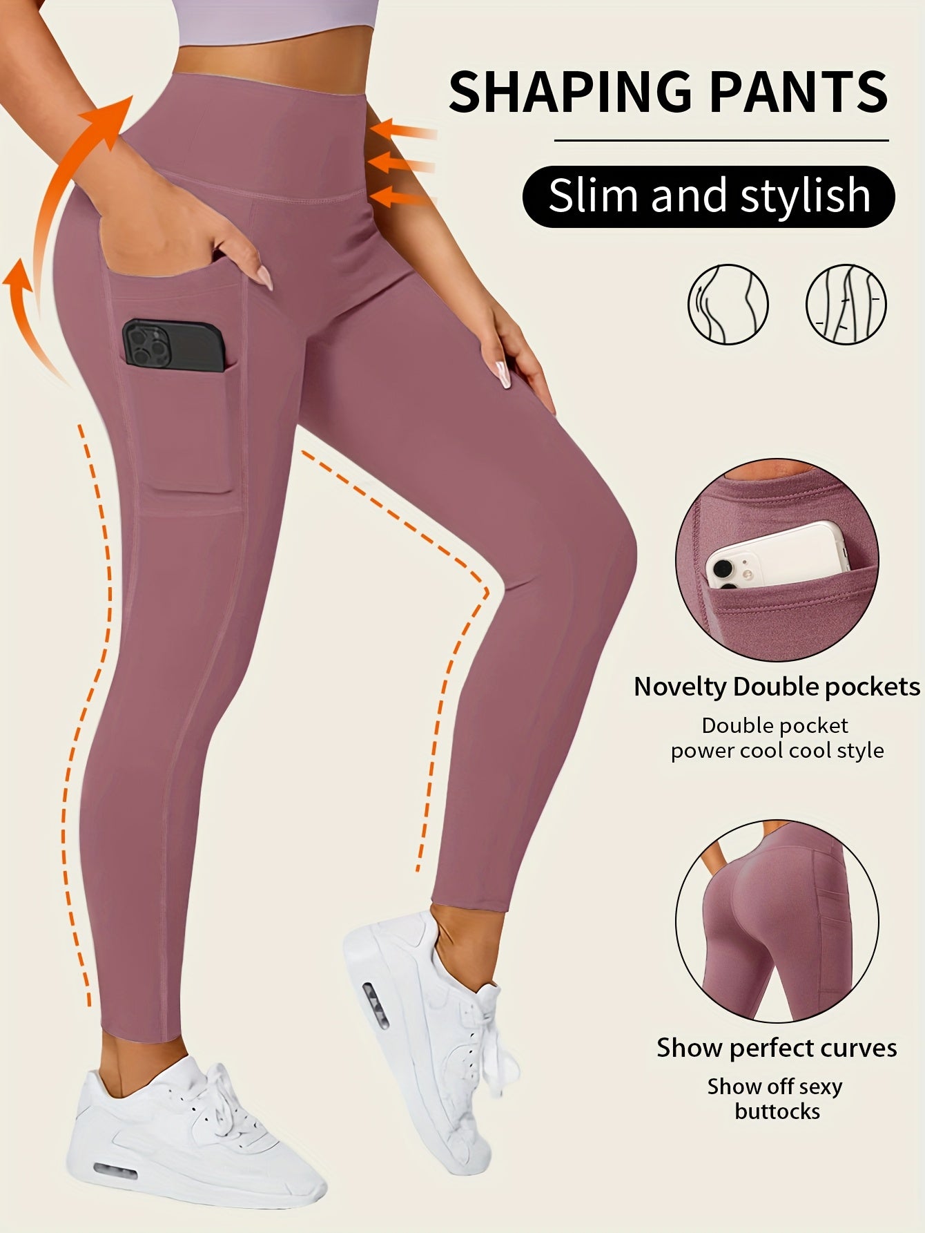 High-Waisted Leggings with Slim-Fit Double Pocket Design - Burgundy/Black/White/Navy Blue - All-Season Pants, Tummy Control & Butt-Lifting for,, Casual Wear - Hand Washable Stretchy Bottoms