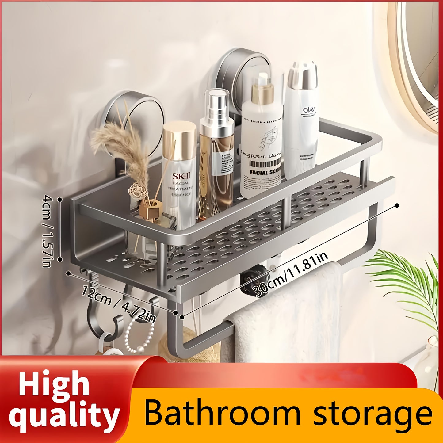 1pc Rustproof Wall Mount Shower Caddy with Suction Cups - Heavy-Duty Polished Finish Floating Shelf with Towel Hooks, Space-Saving Bathroom Organizer for Shampoo, Soap, and Accessories, Bathroom Organizers And Storage, Bathro