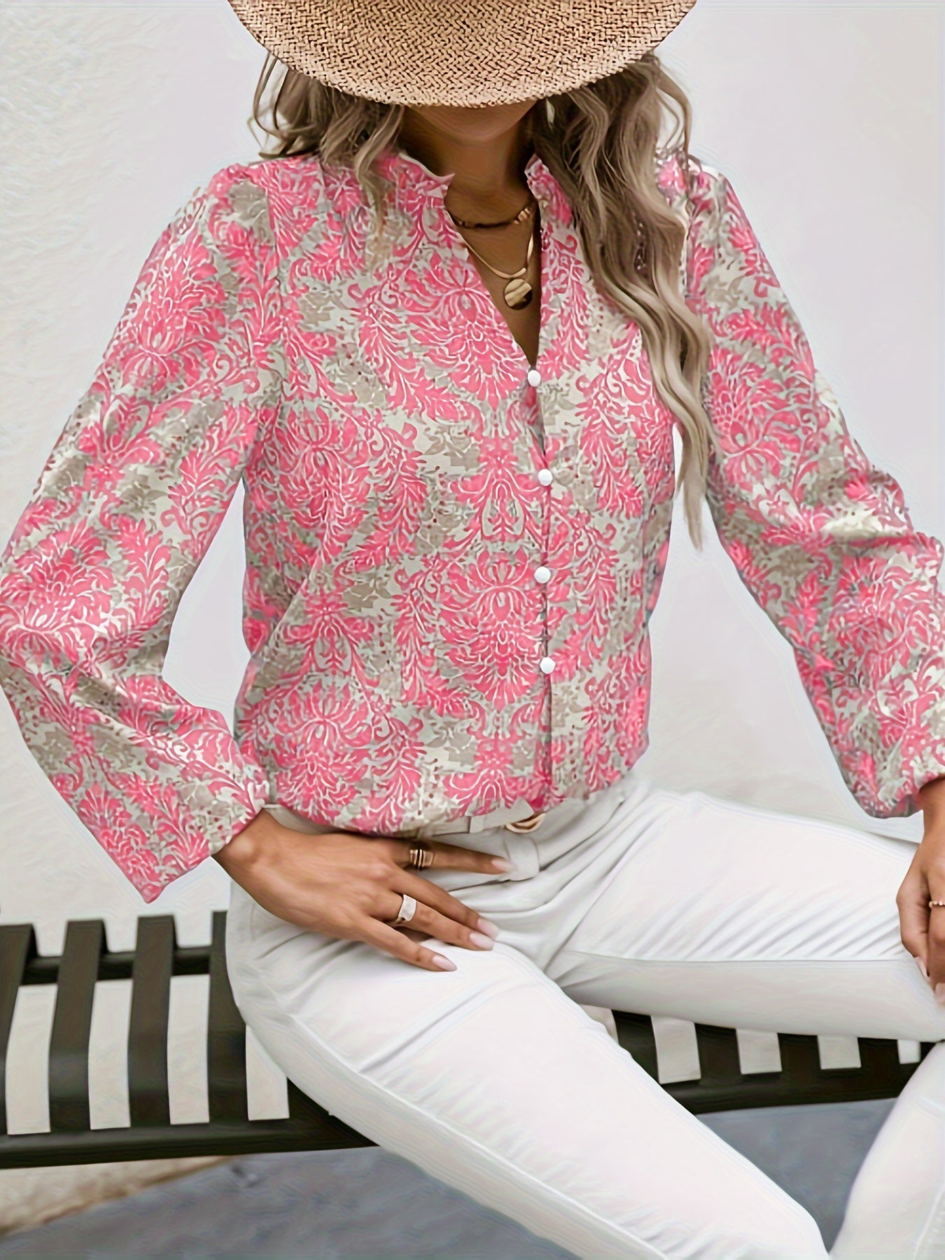 Allover Print Button Front Blouse, Casual Long Sleeve Blouse For Spring & Fall, Women's Clothing