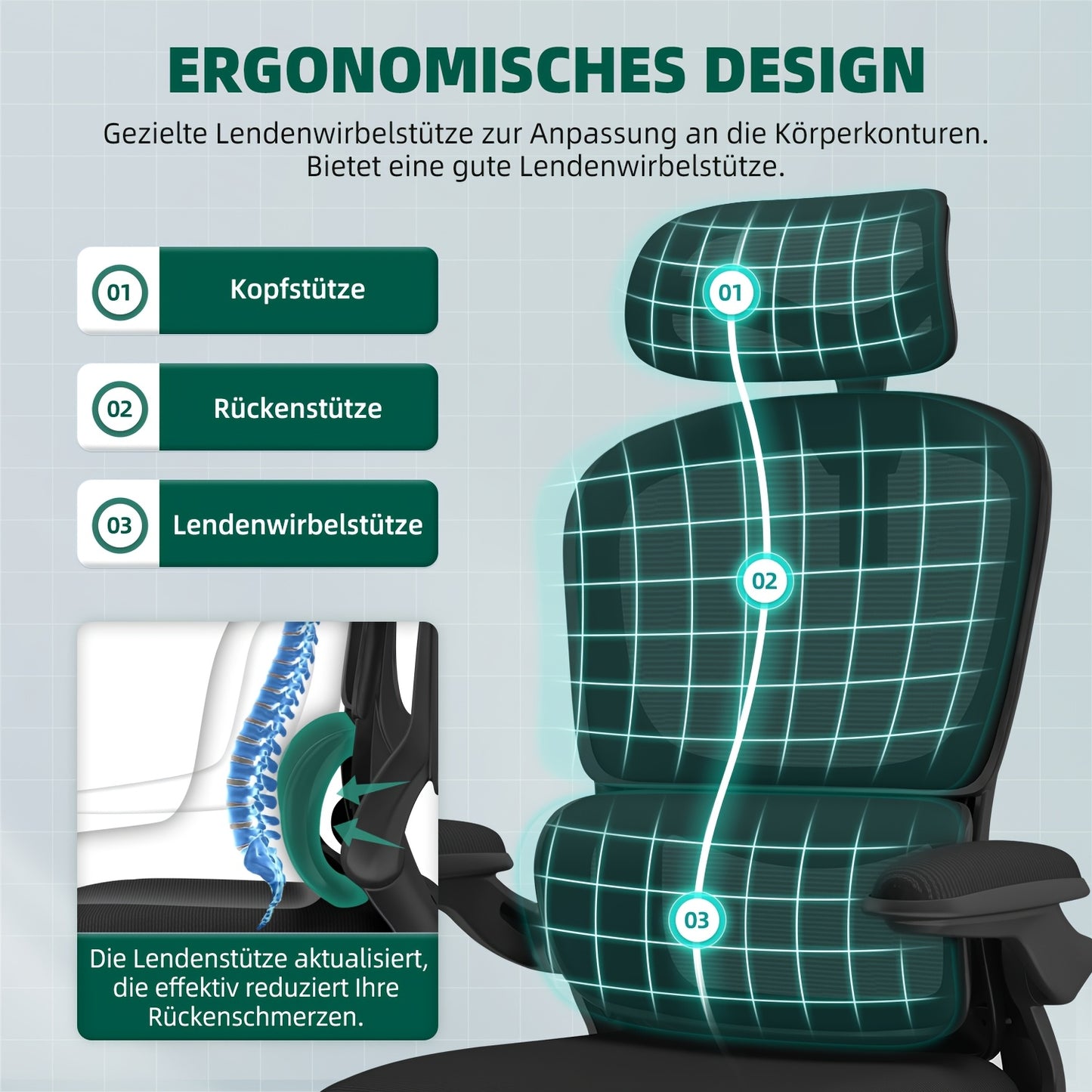 Cadeira de Escritório Ergonómica com Apoio Lombar e Braços Rebatíveis