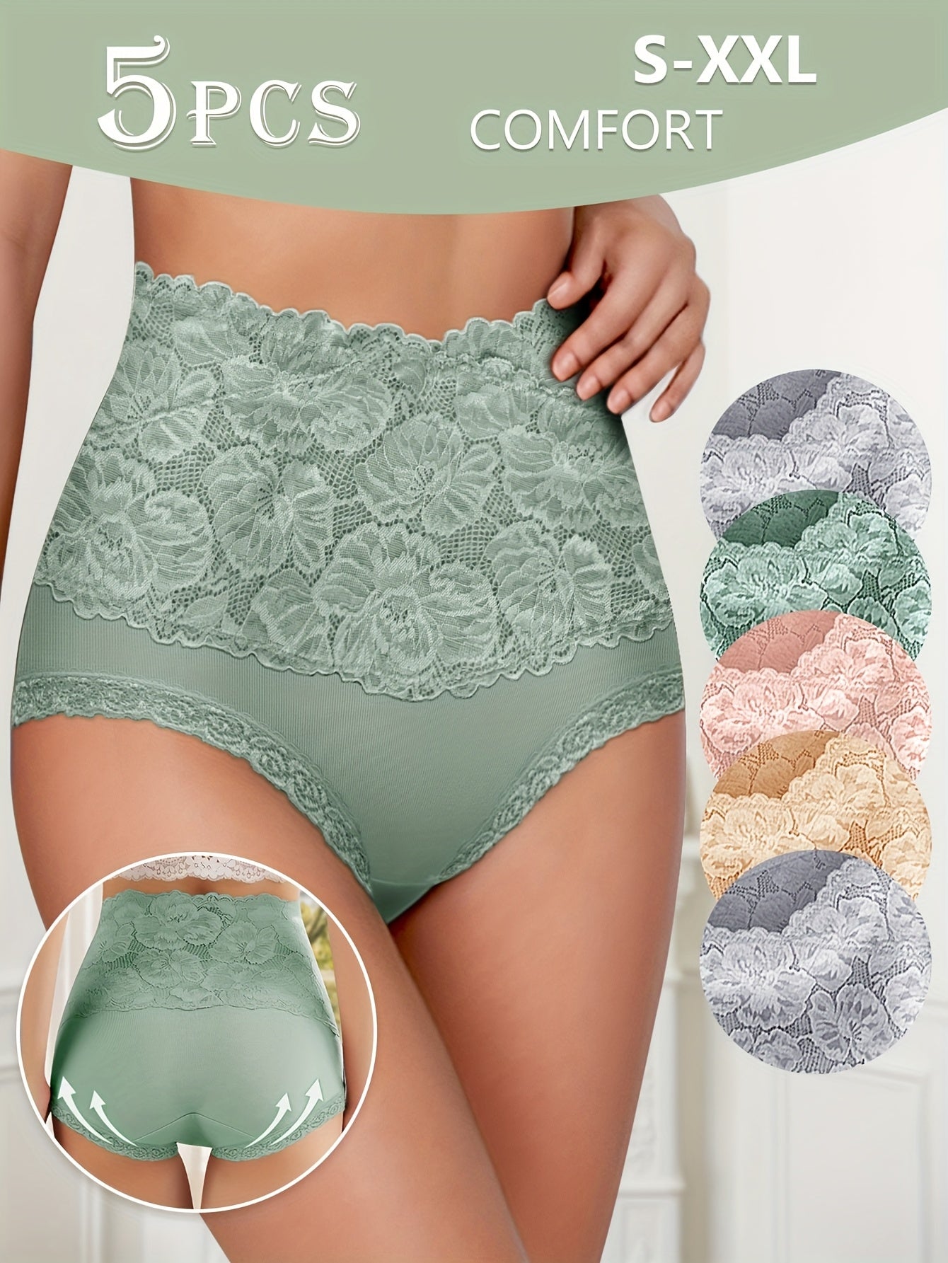 5pcs Women's High-Waisted Tummy Control Briefs - Soft Lace Trim, Butt-Lifting & Tummy Control, Elegant Lace Underwear For Everyday Comfort