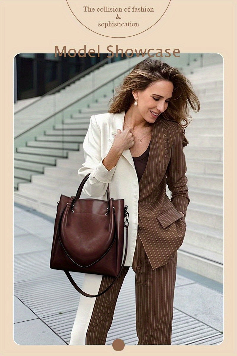Women'S Genuine Leather Tote & Crossbody - Elegant Minimalist Hand with Golden-Tone Hardware, Zipper Closure, Golden-Tone Hardware &, Sturdy Base For Everyday & Formal Use, Versatile Accessory, Sleek Design, Durable Construct