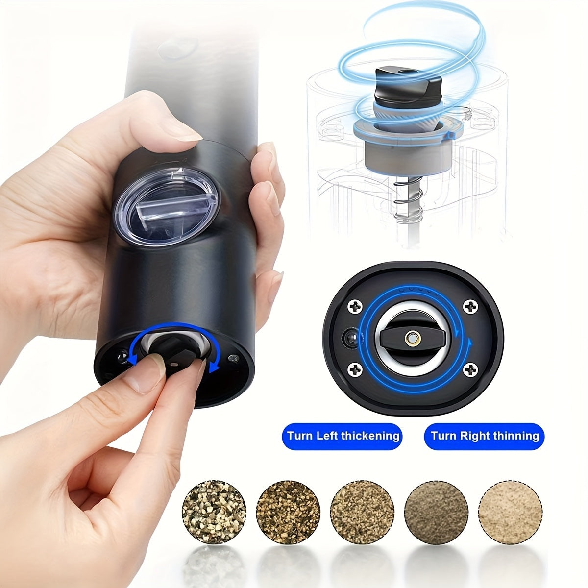 2pcs Electric Salt and Pepper Grinder Set with Adjustable Seam/Fineness, One-Touch Operation, (/Battery), Compact and Portable Base with ABS Housing & Black/White Design, Ideal Gift