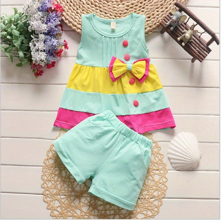 Stylish Color Block Outfit - Cute Bow Puffy Hem Vest & Pocket Shorts Two-piece Set Toddler Baby Clothes Outdoor Clothes Outdoor Suit