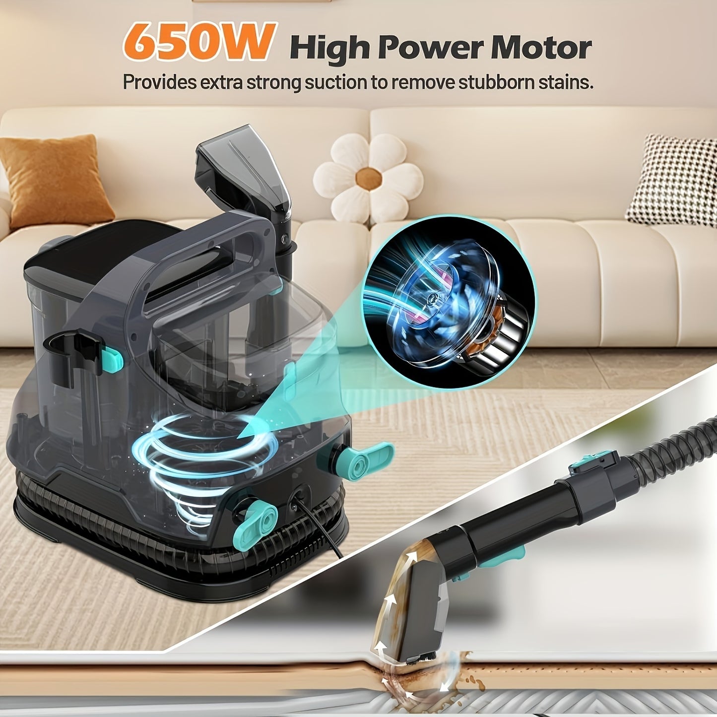 1pc HHD 14000Pa Powerful Pet Stain Remover Carpet Cleaner, 650W Handheld Upright Vacuum with Multi-Function Tools, Electric Powered 220-240V with EU Plug for Sofas, Curtains, and Home Use