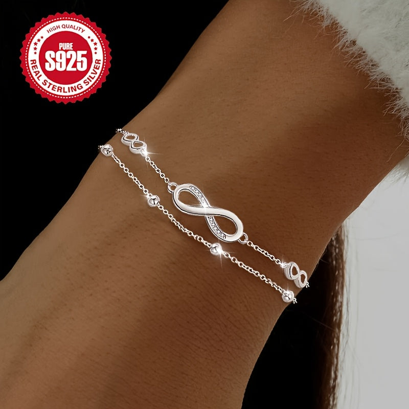 Double-Layered Infinity Synthetic Zirconia Cross Bead Bracelet, 925 Silver, Symbolizing Eternal Love, Perfect for Daily Wear and Christmas/Valentine's Day Gift for Mother Girlfriend, Hypoallergenic, Holiday Present, Daily Jew