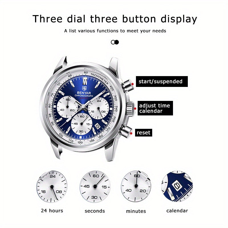 BENYAR Top Brand Men's Watches Sport For Men Multifunction Chronograph Black Fashion Quartz Wristwatches Calendar With Leather Strap