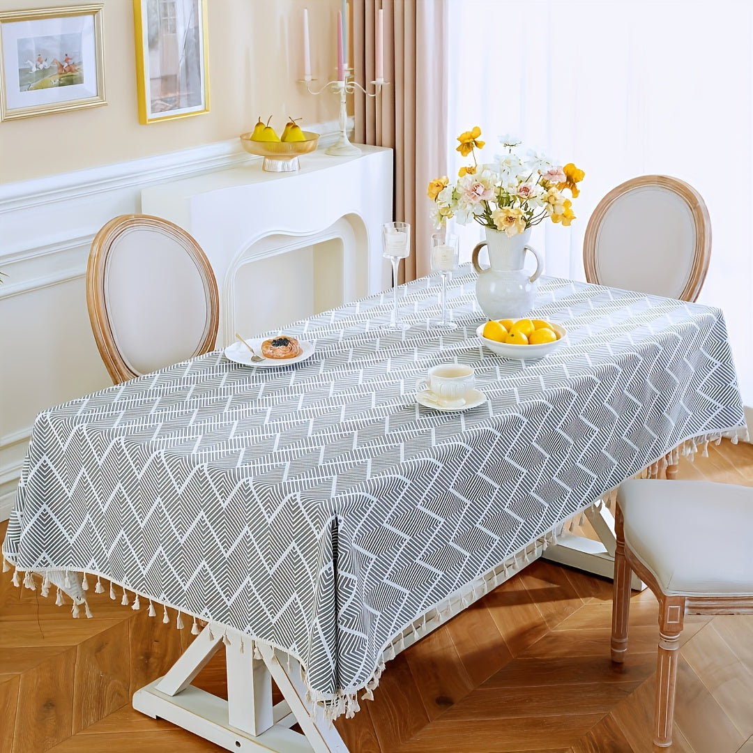 1pc, Bohemian Geometric Wave Pattern Tablecloth - European Style Cotton and Linen Rectangular Tablecloth for Farmhouse, Restaurant, Picnic, Camping, Birthday Party Decoration and Home Decor