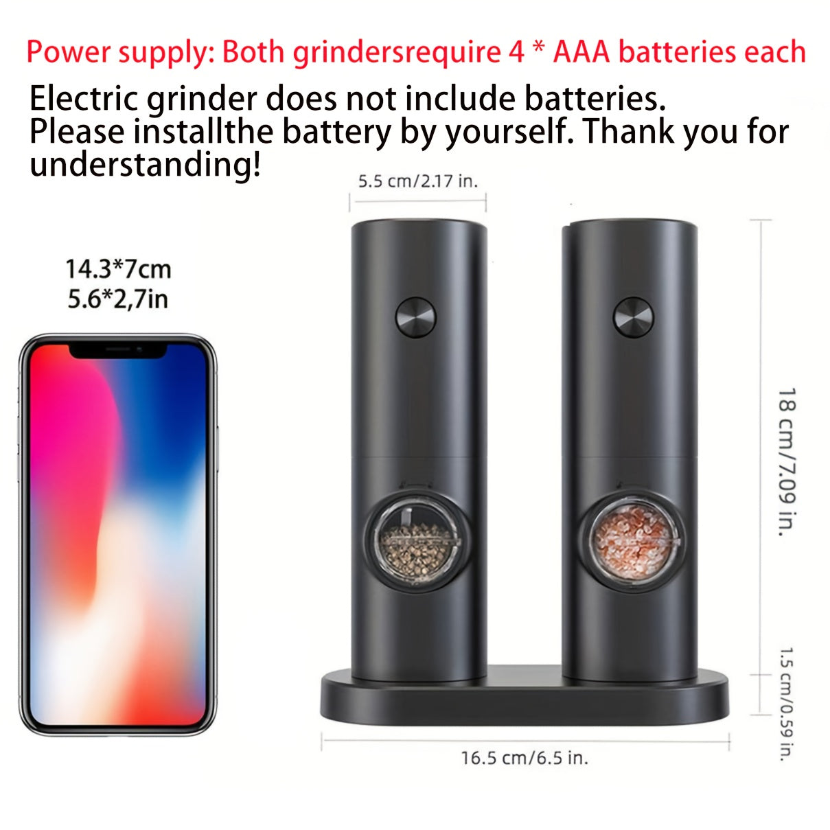 2pcs Electric Salt and Pepper Grinder Set with Adjustable Seam/Fineness, One-Touch Operation, (/Battery), Compact and Portable Base with ABS Housing & Black/White Design, Ideal Gift