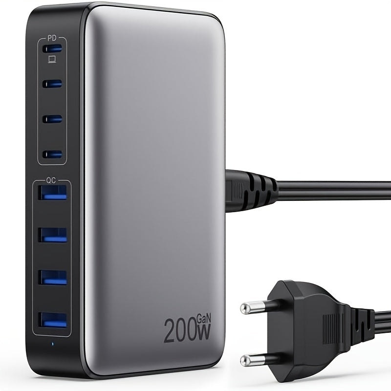 200W USB-C Fast Charger with GaN III Tech, 8 Ports PD & QC, PPS Multi-Socket Adapter, 65W High Power Compatible with MacBook Pro/Air, iPhone, iPad Pro, Galaxy, Steam Deck, Dell, VIVO, Oppo, Xiaomi - European Standard Plug, La