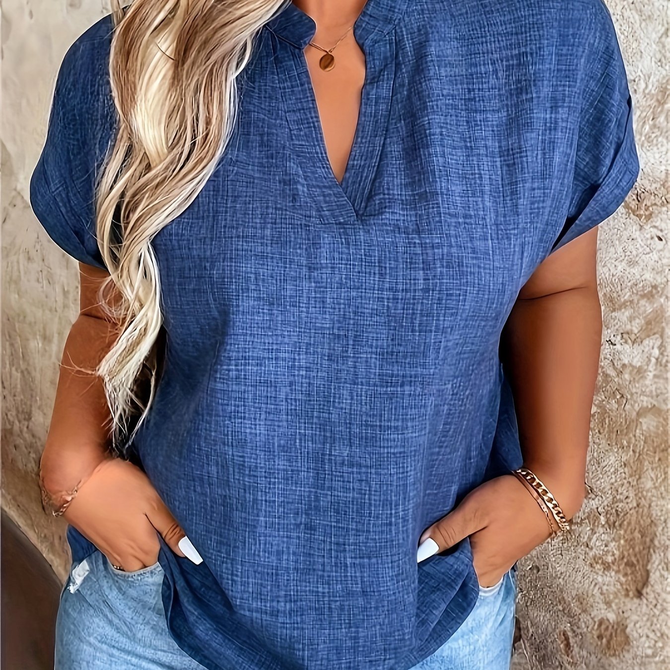 Women's Casual V-Neck Blouse with Small Stand-Up Collar - Vibrant Yellow Solid Color, Regular Fit, Machine Washable, Versatile for Spring Summer Fall, Seasonal Fashion Top, Sophisticated Casualwear, Lightweight Fabric, Everyd