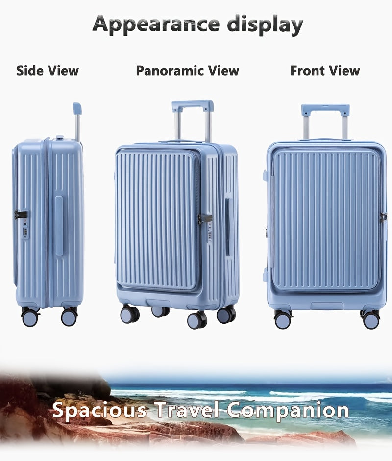 Hard Shell Spinner Luggage, Front Opening, Telescopic Handle, Durable ABS+PC Material, TSA Lock, Cup Holder, Shock Absorbing Wheels, Iron Pull Handle, No Electricity Required, No Print, for Travel