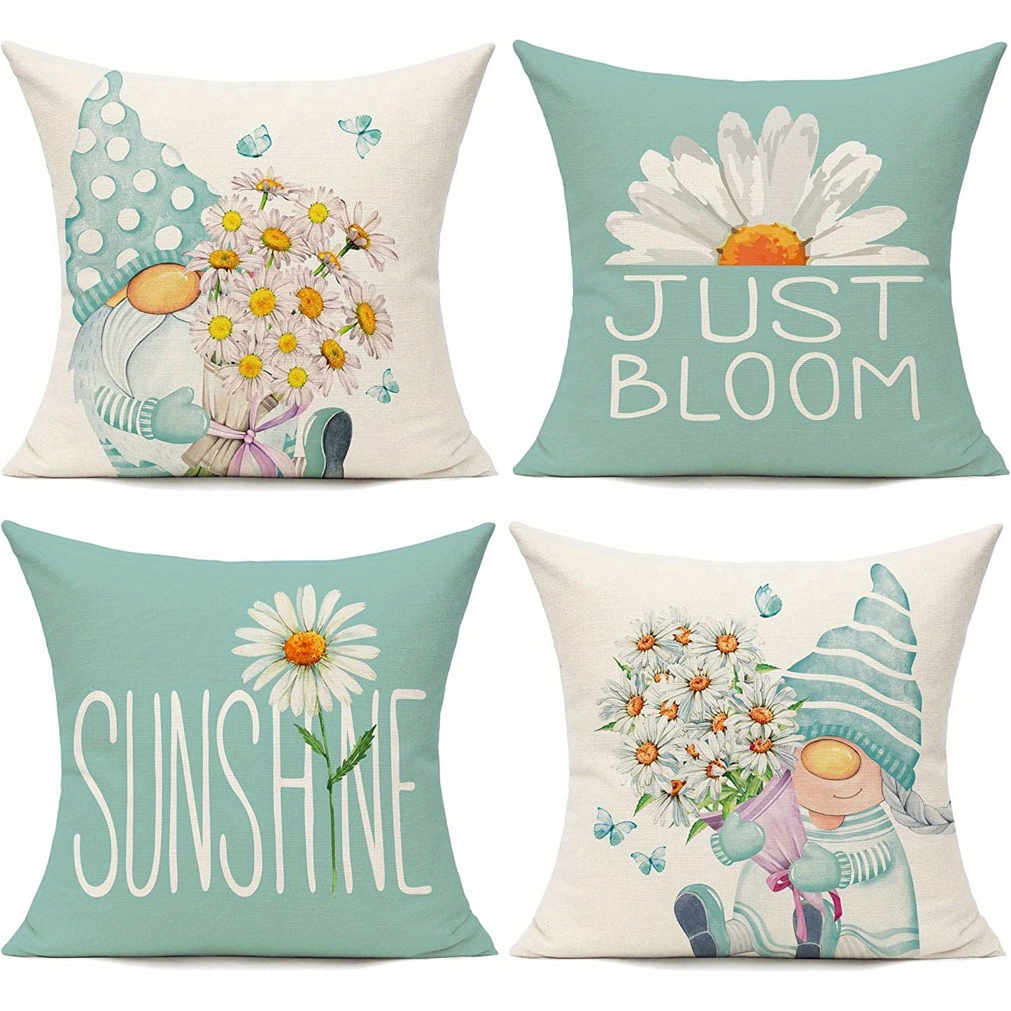 4pcs Daisy Flower Gnome Pattern Spring Throw Pillow Covers, For Home Couch Patio Furniture Bench Sofa Porch Decor, No Pillow Insert, 45.72*45.72cm