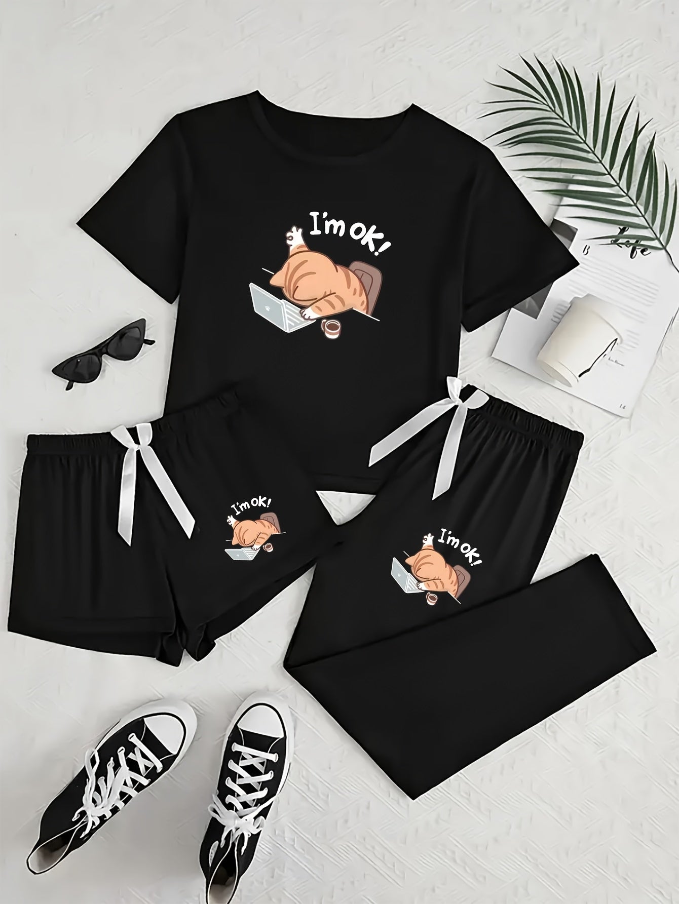 Women's 3pcs Pajama Set, Cartoon Work Kitten Print Short Sleeve Pajamas, Shorts and Longs - Bow Style, Suitable for Multiple Seasons