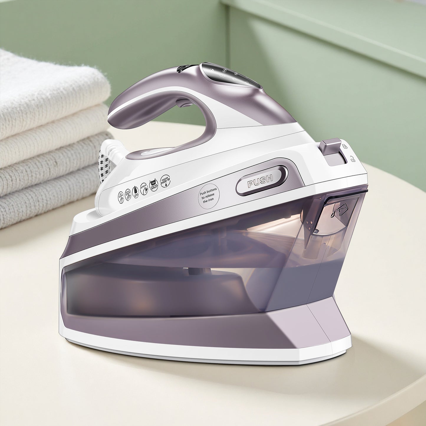 Yabano 2400W Steam Station Iron with 5.5 Bar Pressure, 1.5L Water Tank, Ceramic Soleplate, Anti-Limescale Function, Vertical Steaming, 3 Variable Temperatures, Cord Storage, Light Purple - 220-240V, European Plug, Steam Iron