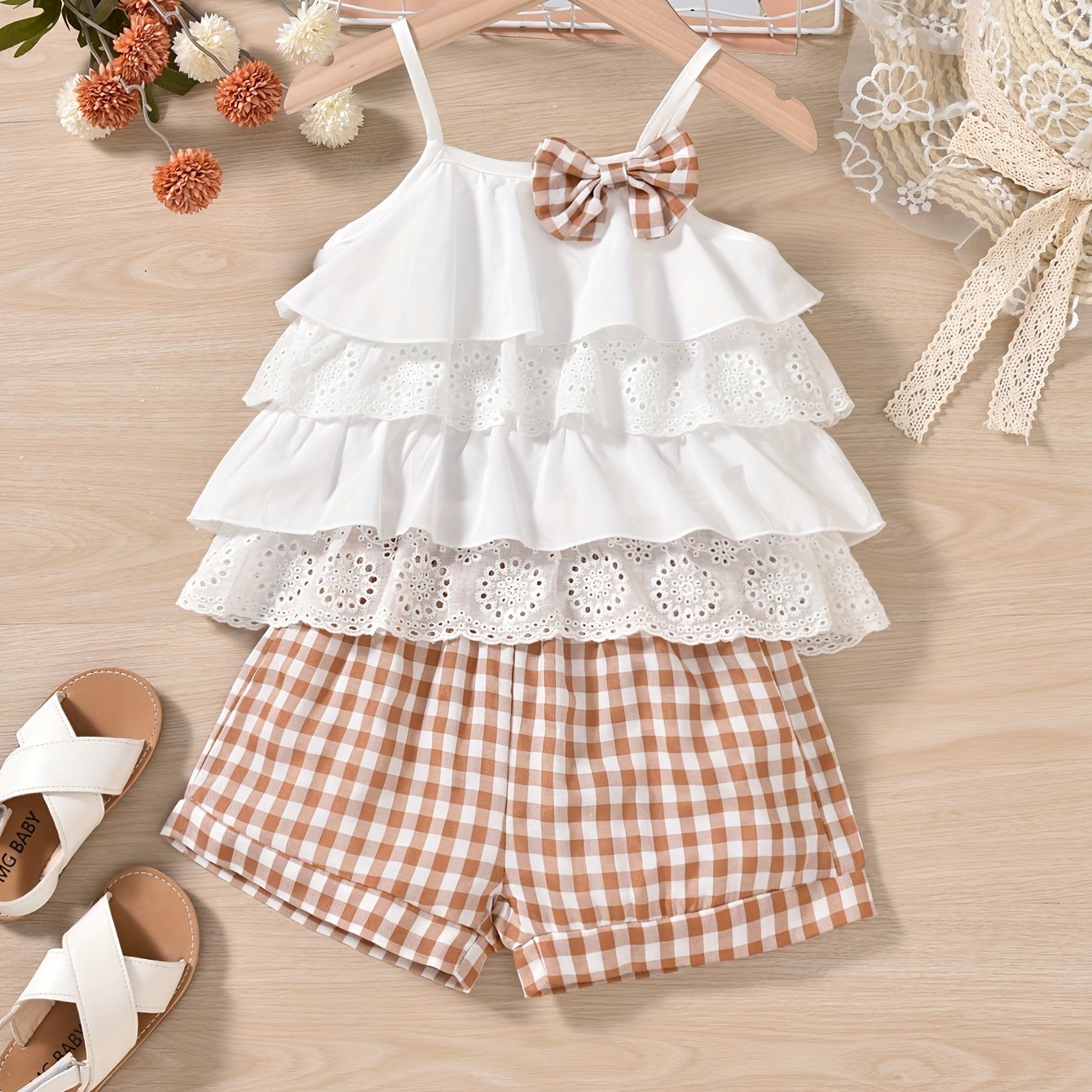 Cute Ruffle Lace Top & Check Shorts Two-Piece Set - White Blouse with Yellow Bow, Yellow & White Gingham Shorts, Perfect for Spring/Summer, Casual Playwear|Ruffle Detail Top|Nonstretch Fabric, for Outdoor