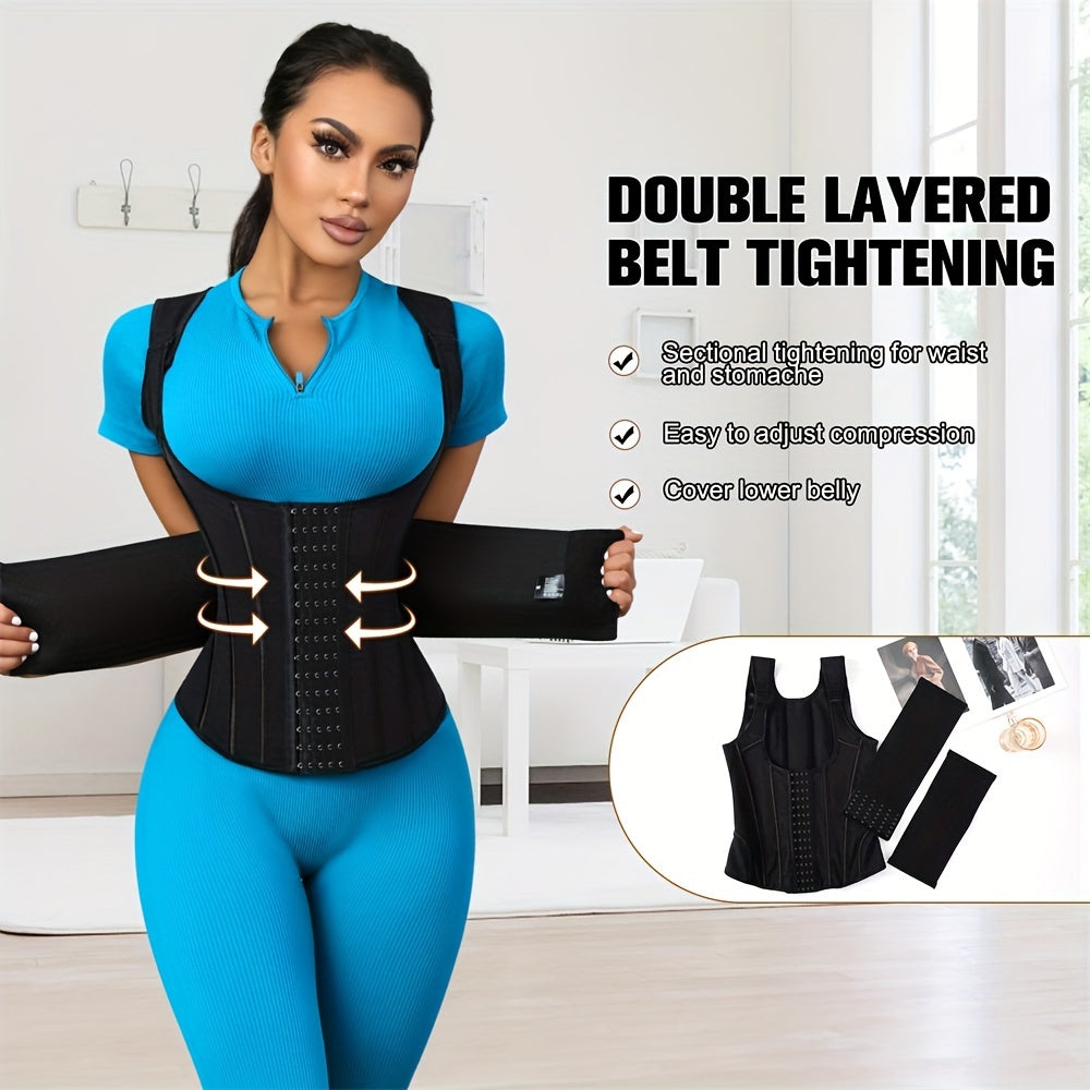 Polyamide Women's Waist Trainer Corset - Back Support with Dual Waist Straps, Adjustable Shoulder Straps, Hard Control Knit Fabric Cincher, Breathable with Steel Frame Support, 72.7% Polyamide 27.3% Elastane, Washable - 1 Pc