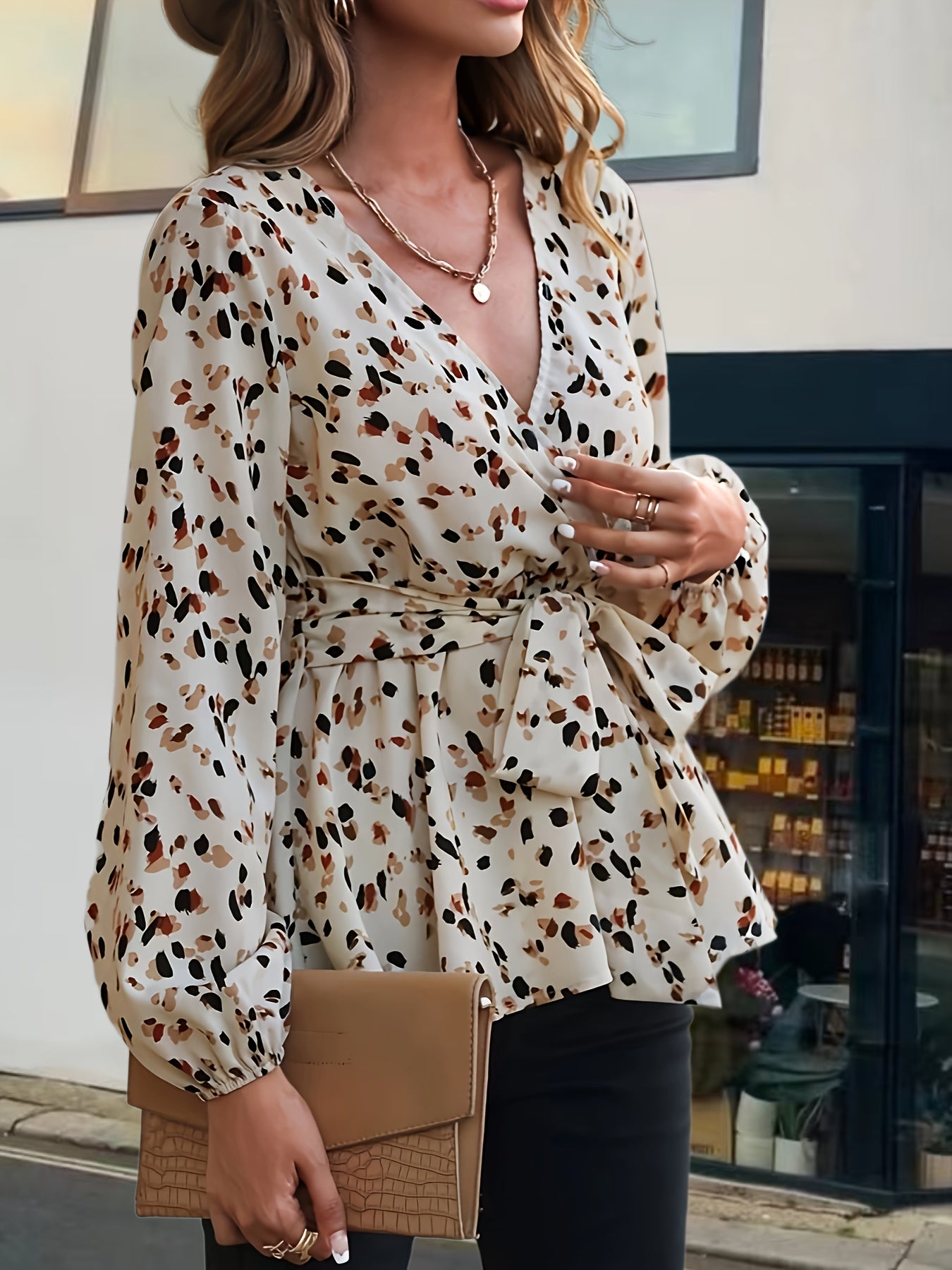 Allover Print Tie Waist Blouse, Vintage V-neck Lantern Sleeve Blouse For Spring & Fall, Women's Clothing