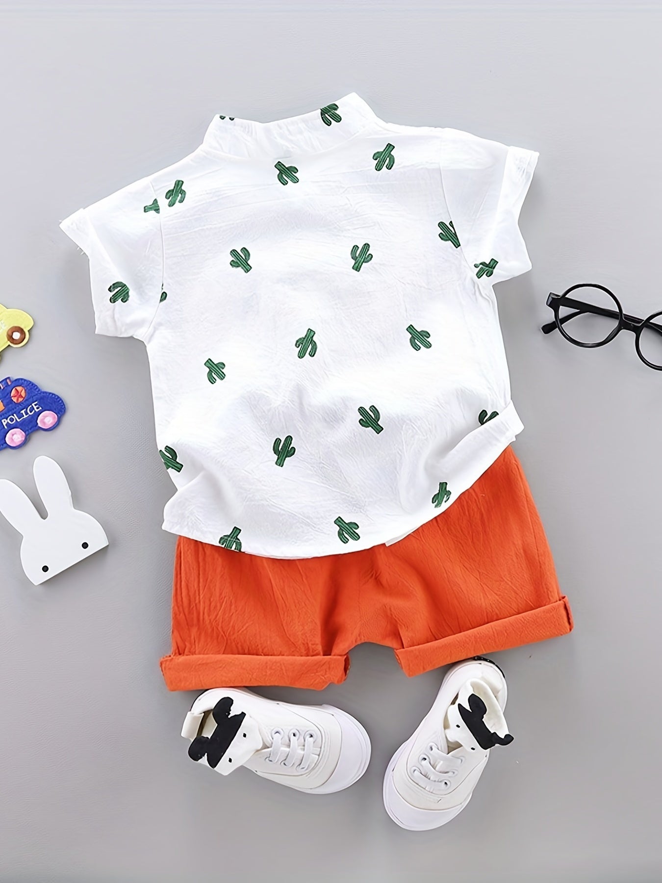 2pcs Baby Boys Dinosaur Print Button Short Sleeve Shirt Top & Elastic Waist Shorts Set Toddler Summer Clothes For Daily & Outdoor Wear
