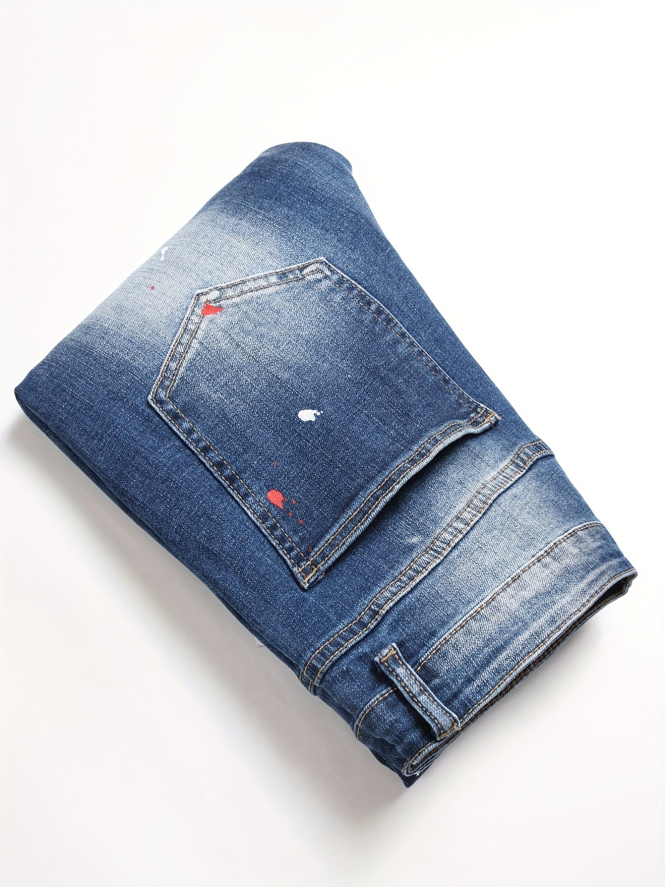 Patch Splatter Ripped Jeans, Men's Casual Street Style Distressed Slim Fit High Stretch Denim Pants For Spring Summer