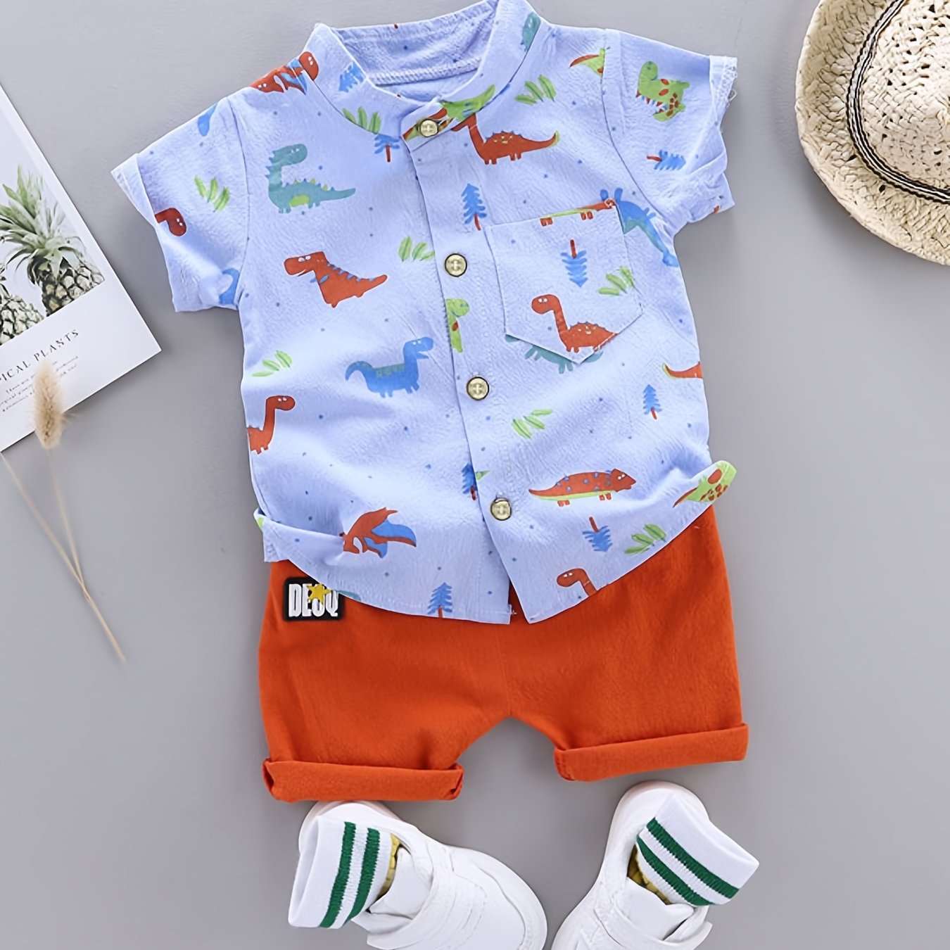 2pcs Baby Boys Dinosaur Print Button Short Sleeve Shirt Top & Elastic Waist Shorts Set Toddler Summer Clothes For Daily & Outdoor Wear