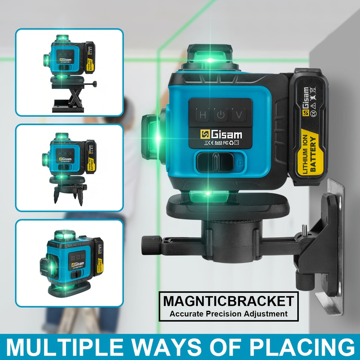 Gisam Multifunctional 16 Lines 4D Green Laser Level with Tripod & App Control, 360° Self-Leveling Horizontal & Vertical Cross Lines, USB & Battery Powered, Includes Carrying Case, Super-Powerful Beam, Portable Design for Ind