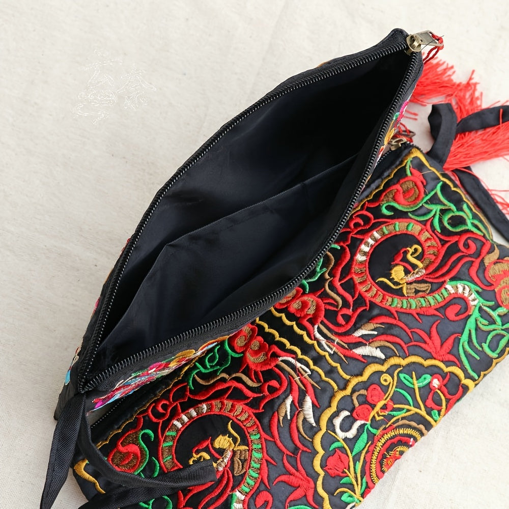 Retro Style Square Purse, Ethnic Style Phone Clutches, Floral Embroidery Handbag With Wristlet