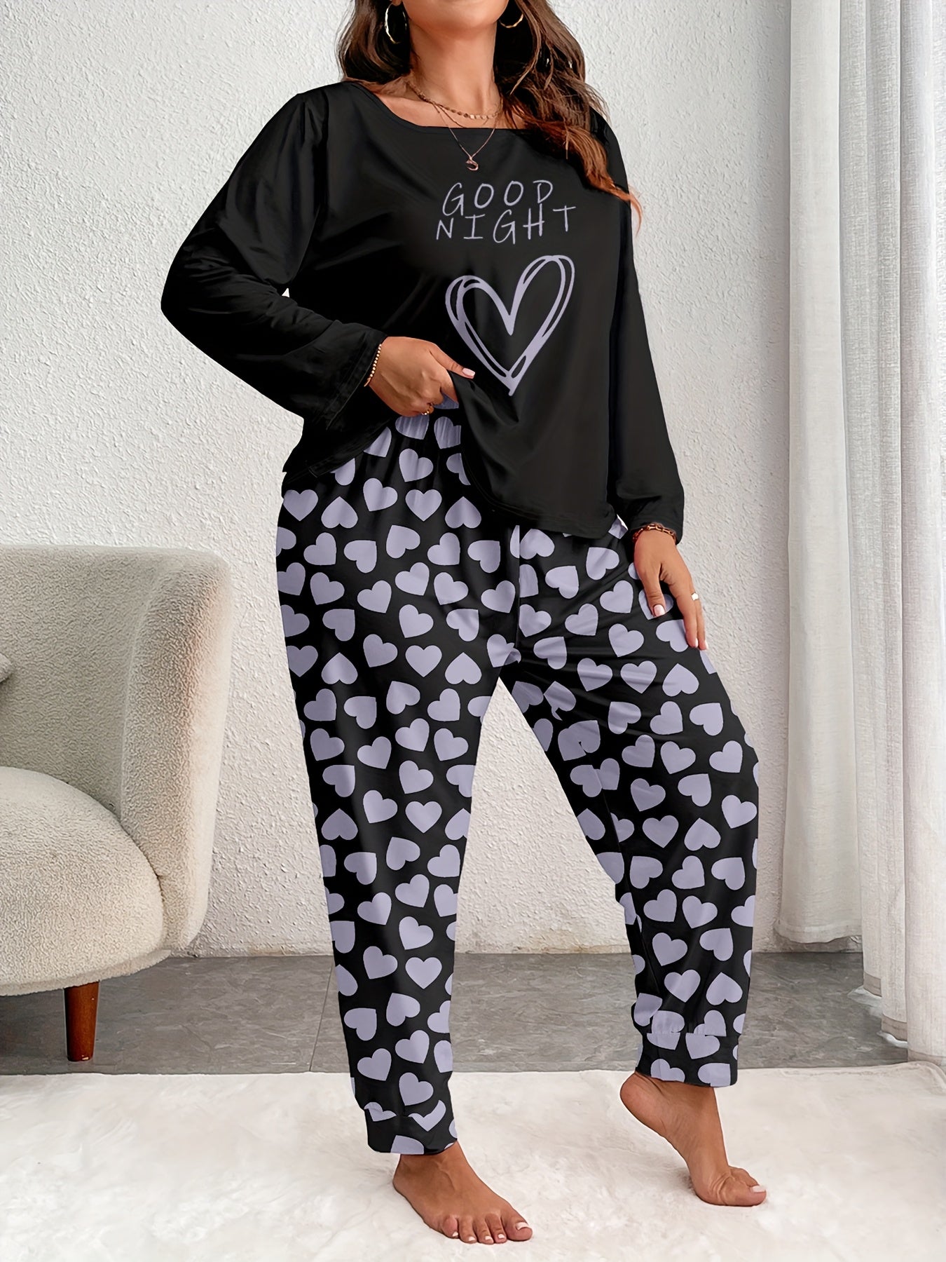 Women's Comfort Plus Size Heart Print Pajama Set - Long Sleeve and Pants, Soft Polyester Loungewear, Machine Washable, Autumn, Oversized, Heart Pattern, Long Sleeve Sleepwear Set