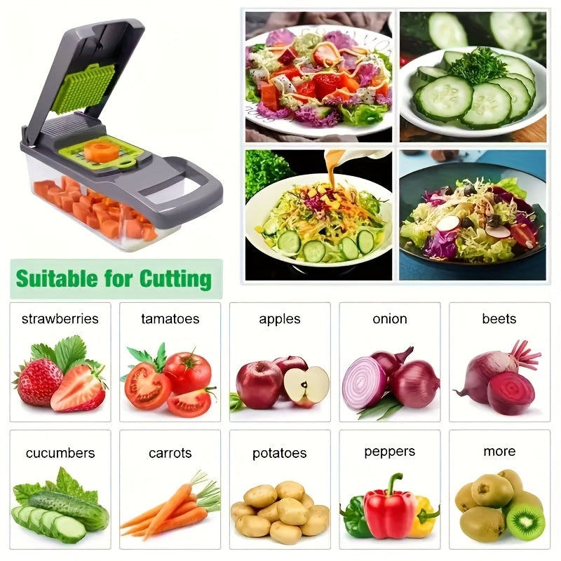 16pcs All-in-One Vegetable & Onion Chopper Set with Drainage Basket - Heavy-Duty Manual Food-Grade Stainless Steel Kitchen Chopper with Carrot, Garlic, Potato, Onion, And More - Ideal For Home, Restaurant, Rv, And Kitchen Use