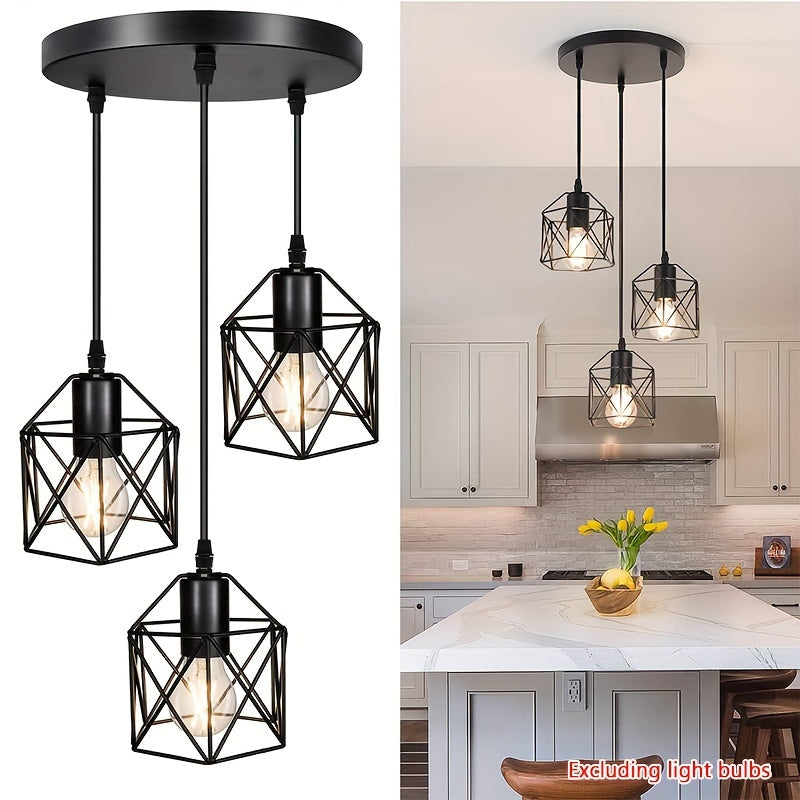 1pc 1/3 Heads Industrial Pendant, Adjustable Hanging Light Fixture, Vintage Farmhouse Pendant Light, With Metal Caged E26 Base, For Kitchen Island Dining Room Living Room