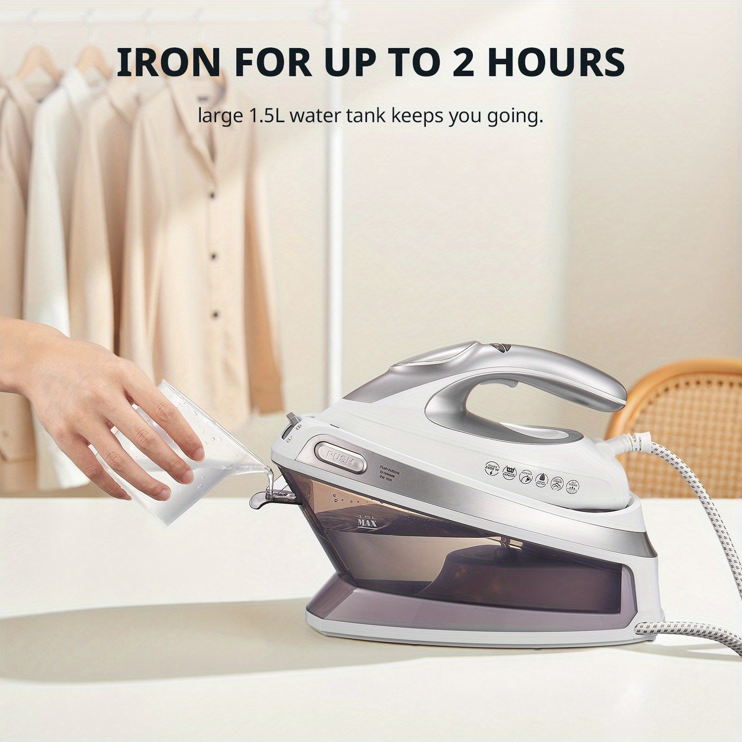 Steam Station Iron offers 5.5 bar pressure, a 1.5L water tank, a ceramic soleplate, an anti-limescale function, vertical steaming, three adjustable temperatures, cord storage, 2400W power, and comes in light purple., Steam Ir