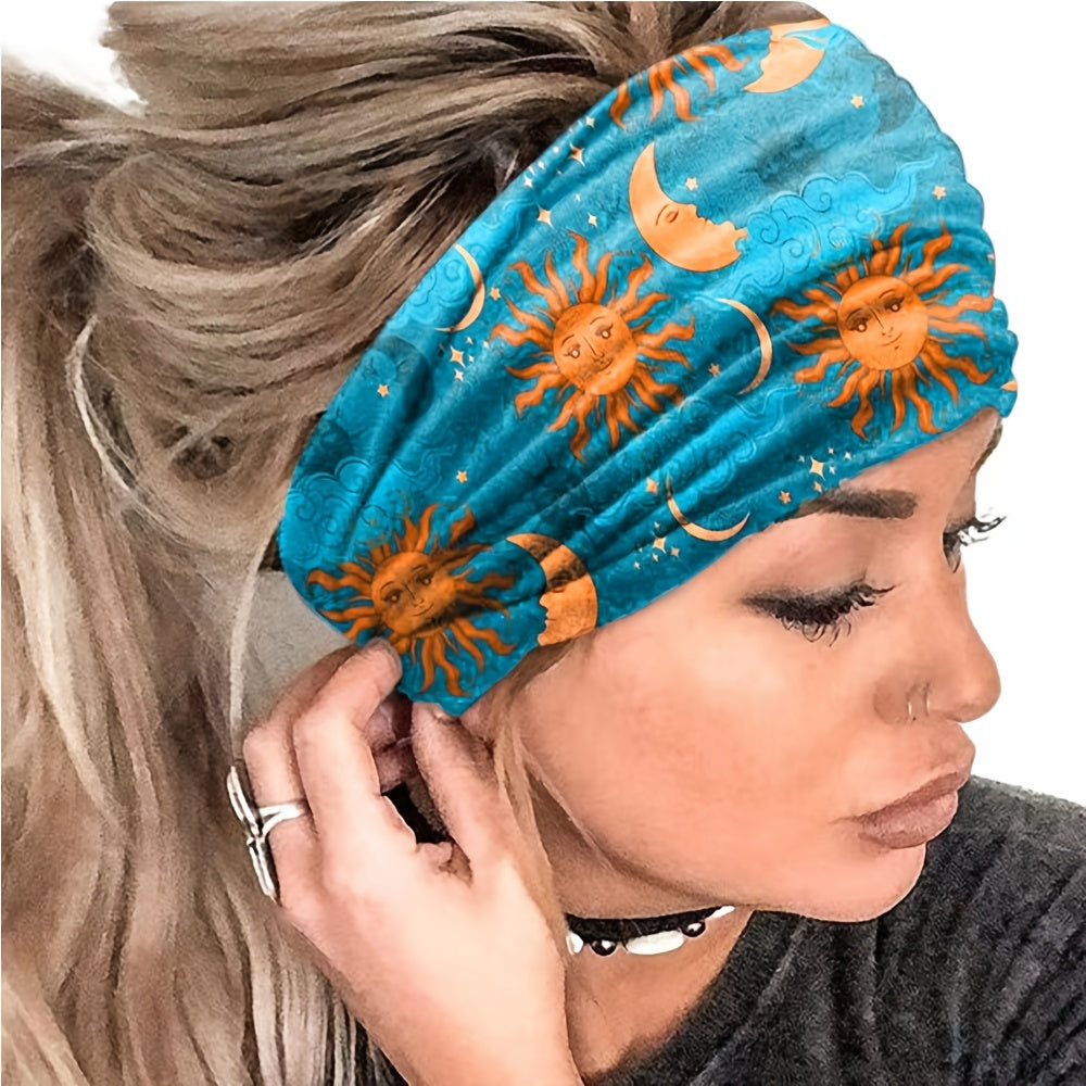 Boho Headband Sun Moon Printed Hair Band Wide Stretchy Sweatband For Yoga Running Headdress For Women