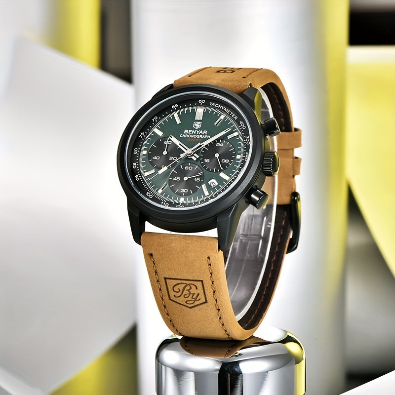 BENYAR Top Brand Men's Watches Sport For Men Multifunction Chronograph Black Fashion Quartz Wristwatches Calendar With Leather Strap