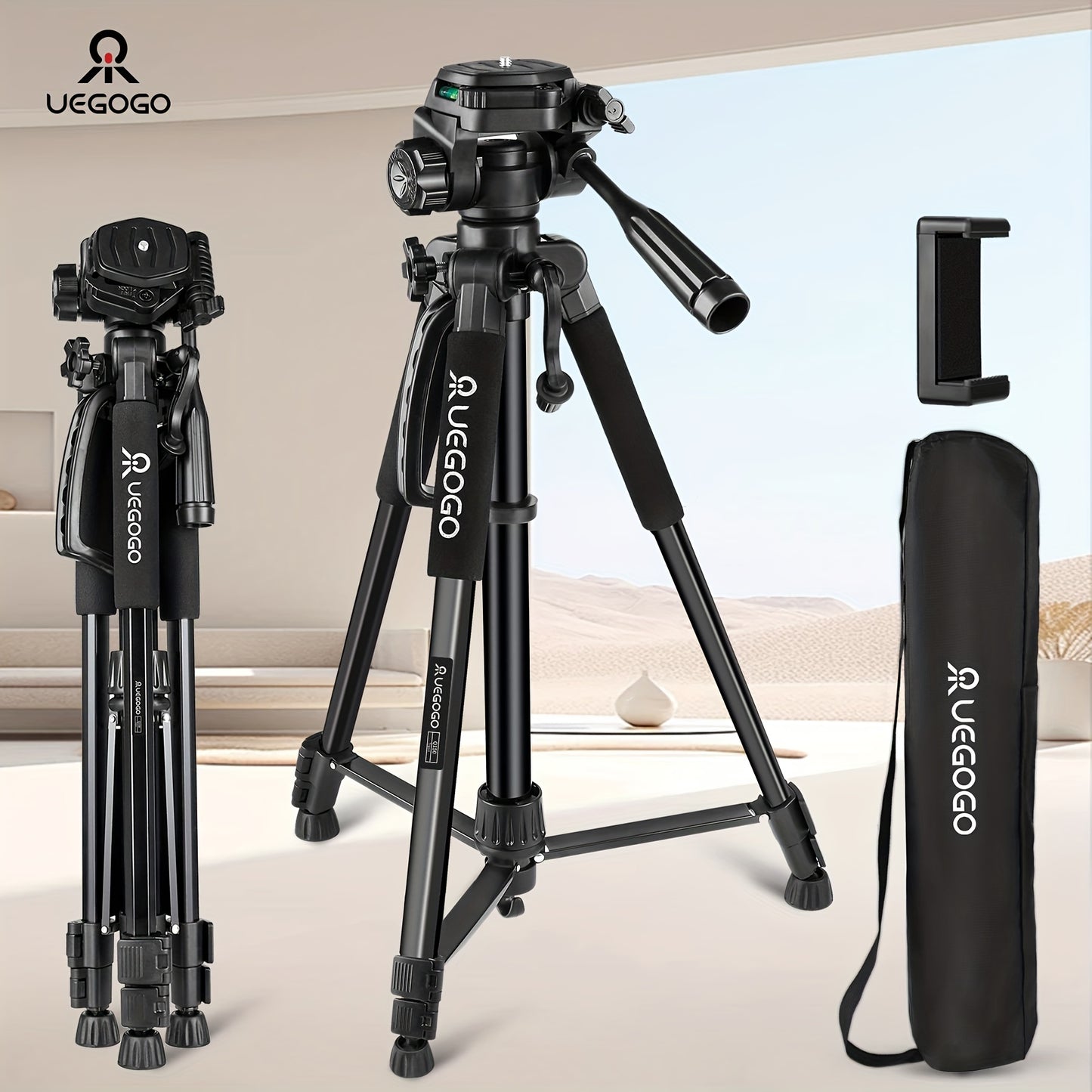 1pc UEGOGO 60-Inch Professional Aluminum Alloy Tripod Stand with Gimbal Head, Lightweight for Mirrorless Camera/DSLR/Camcorder/Cell Phone, Includes Storage Bag & Phone Clip