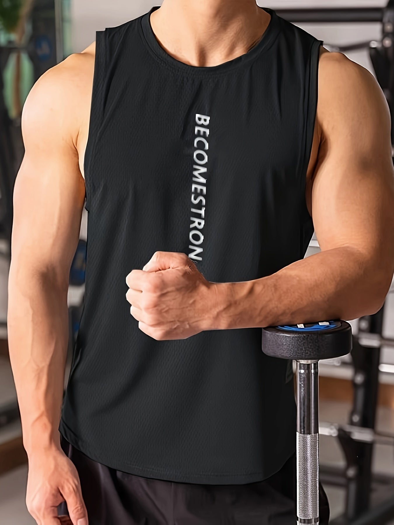 Letter Print Comfy Breathable Tank Top, Men's Casual Stretch Sleeveless T-shirt For Summer Gym Workout Training Basketball