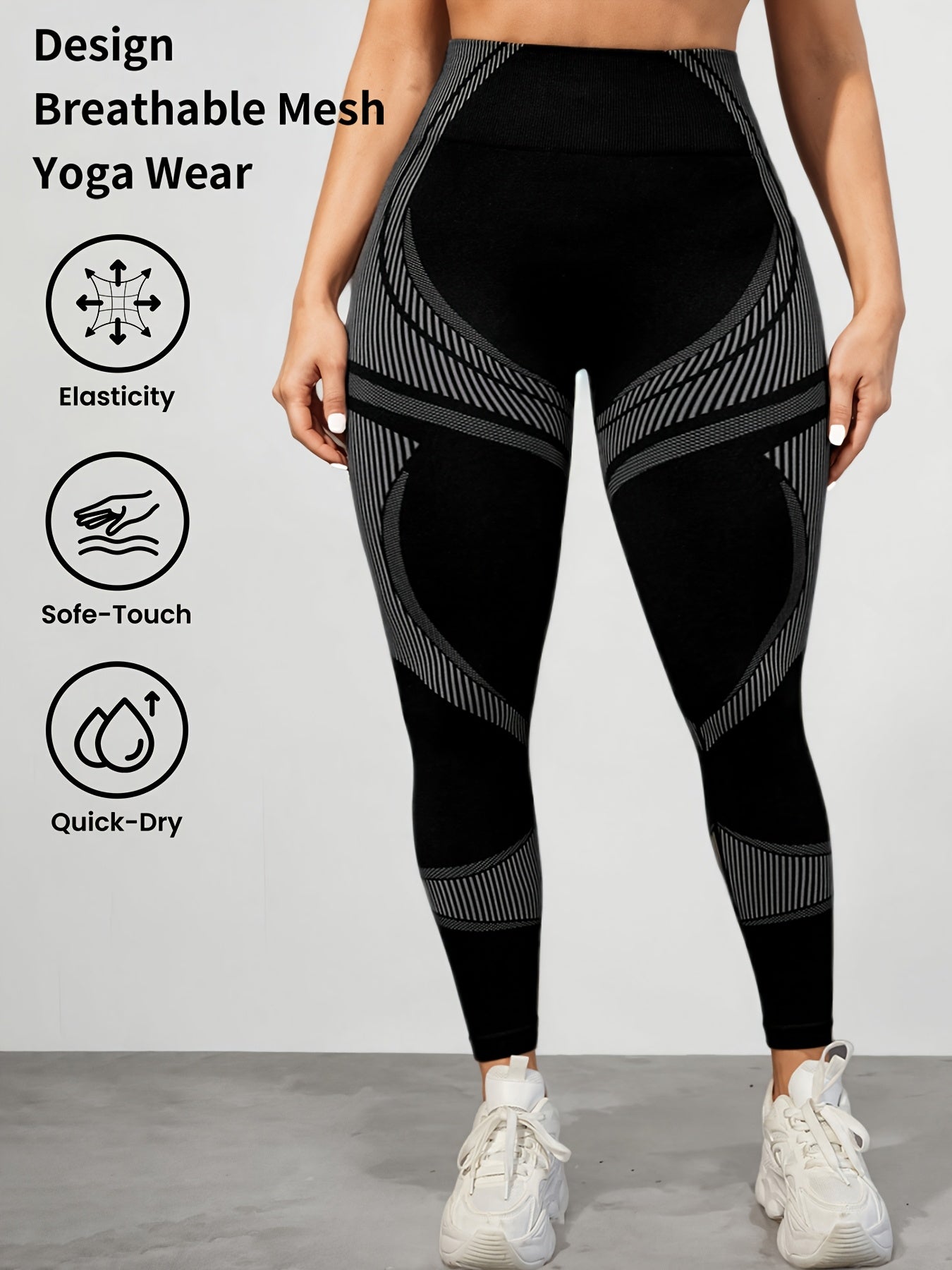 1pc Women'S Plus Size High Waist Seamless Yoga Pants, Nylon & Spandex Stretch Fabric, Striped Pattern, Breathable Mesh, Non-Waterproof, Spring/Summer/Autumn Tights for Yoga & Fitness