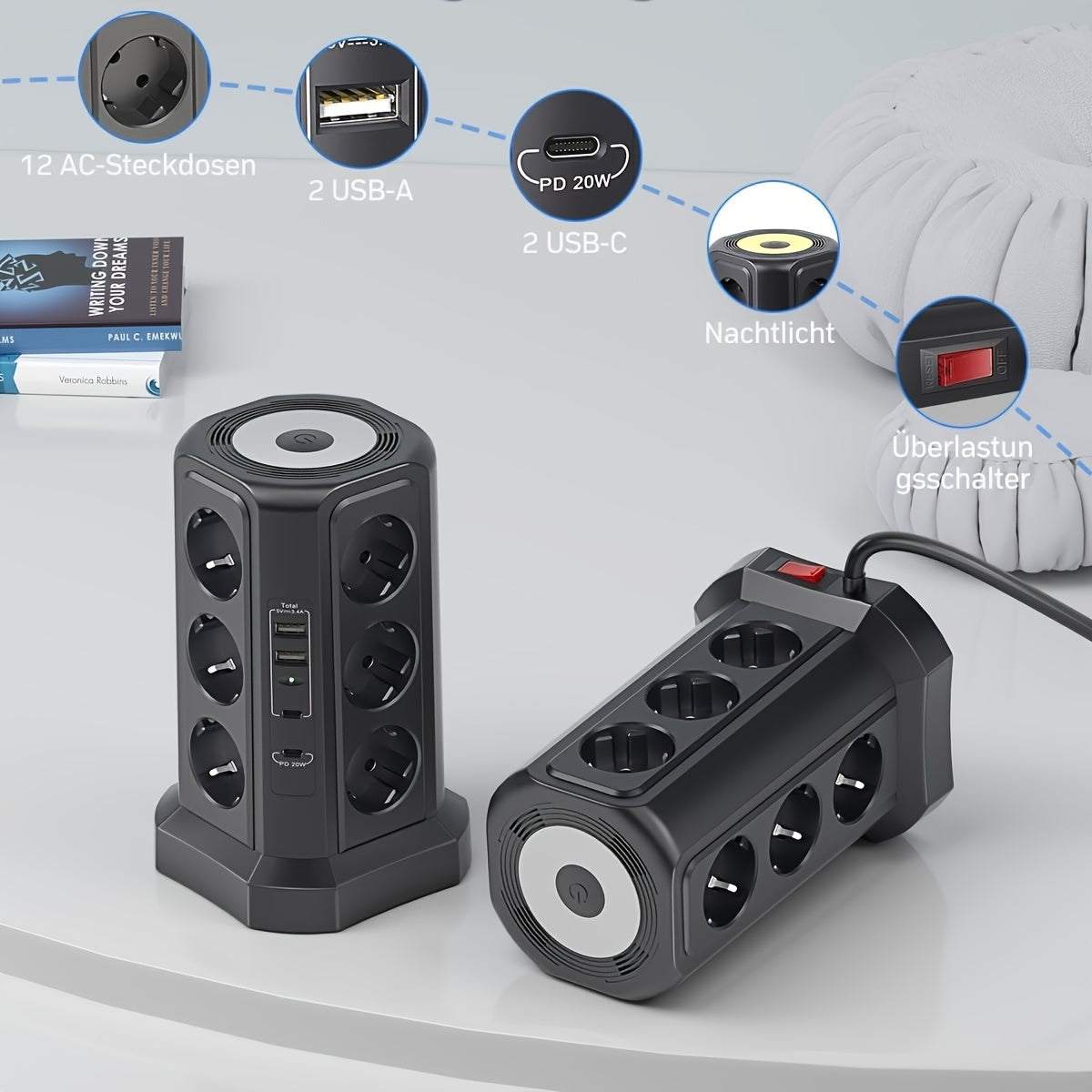 Múltiplas tomadas 12-Outlet 4000W com USB-C 20W