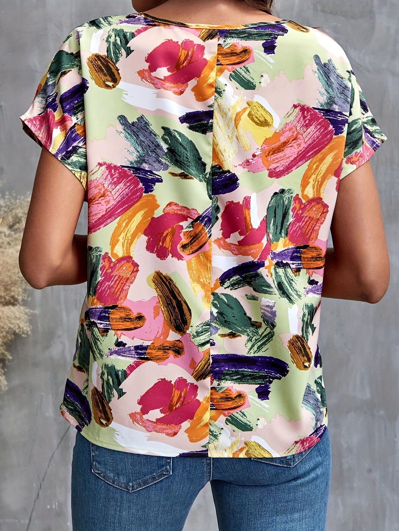 Allover Print Crew Neck Blouse, Vintage Short Sleeve Blouse For Spring & Summer, Women's Clothing
