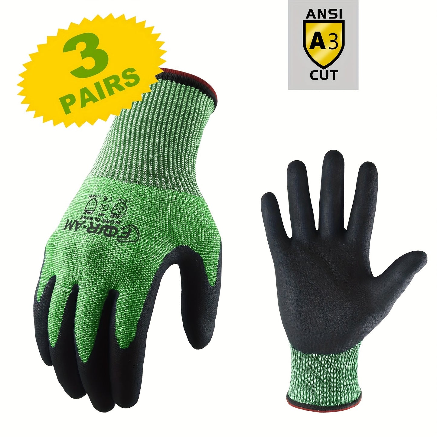 3 Pairs of Level 3 Cut Heavy Duty Work Gloves with Firm Non-Slip Grip, Durable & Breathable Nitrile Foam Coating, and Touchscreen Compatible 3D-Comfort Fit