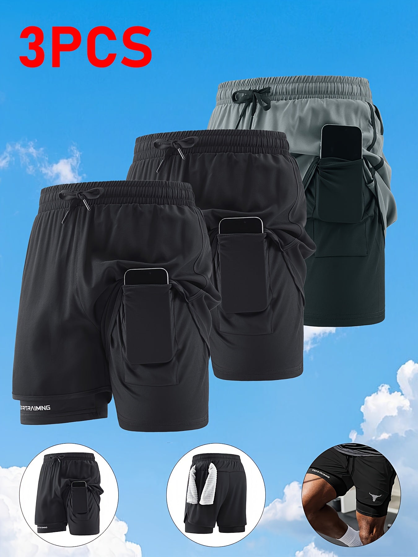 Zhiyu OBM 3pcs Men's Fitness Running Shorts, Elastic Waistband, Soft Lining, Towel Included, Perfect as a Gift
