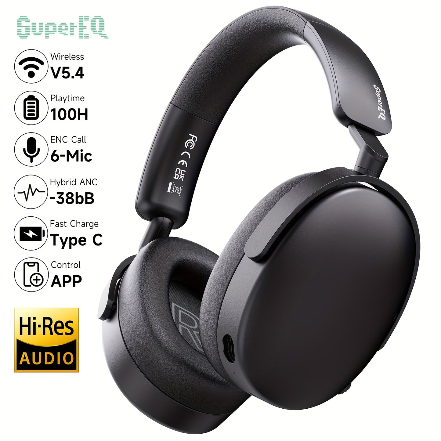 SuperEQ A200 Wireless Wireless 5.4 Headphones Hybrid Active Noise Canceling Over Ear Headset Hi-Res Audio 6-Mic AI ENC 100hrs Playtime APP Control