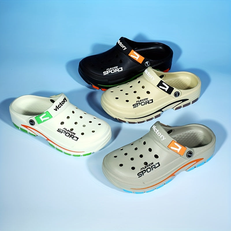 2025 Summer Men'S Lightweight Breathable Slip-On Clogs - Durable EVA Beach Shoes with Ventilation Holes, Black & Orange Design for Casual Casual Attire, Summer Footwear | Trendy Slipon Shoes | Lightweight Footwear