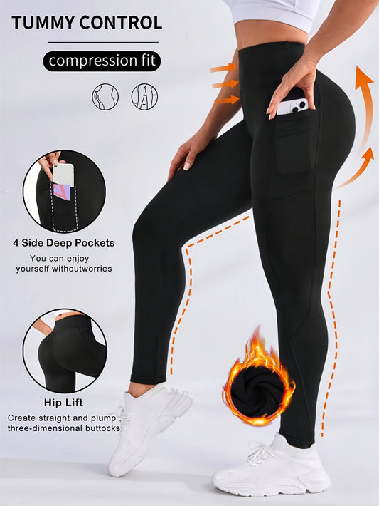 Women's Plus Size Fleece-Lined Yoga Pants with Side Pockets - Elegant, Stretchy & Warm for Fall/Winter, Elegant Special Project Style, Winter