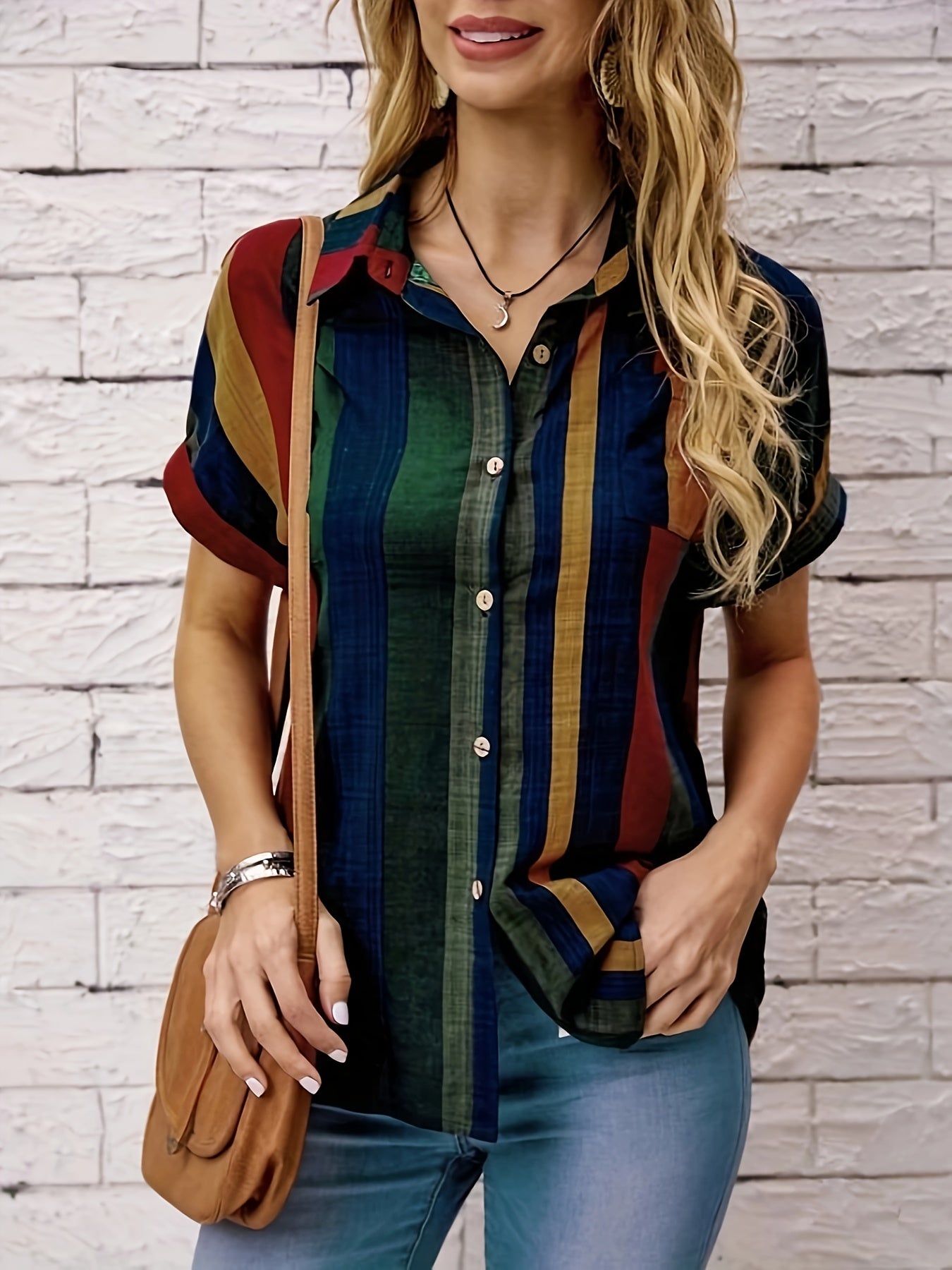Striped Print Button Front Blouse, Vintage Short Sleeve Blouse For Spring & Summer, Women's Clothing