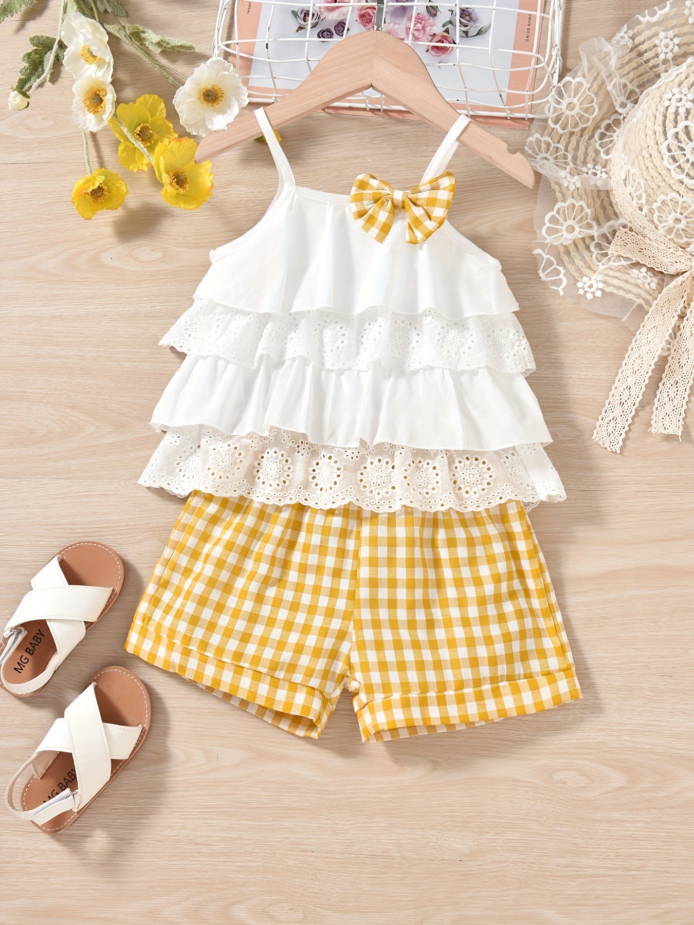Cute Ruffle Lace Top & Check Shorts Two-Piece Set - White Blouse with Yellow Bow, Yellow & White Gingham Shorts, Perfect for Spring/Summer, Casual Playwear|Ruffle Detail Top|Nonstretch Fabric, for Outdoor