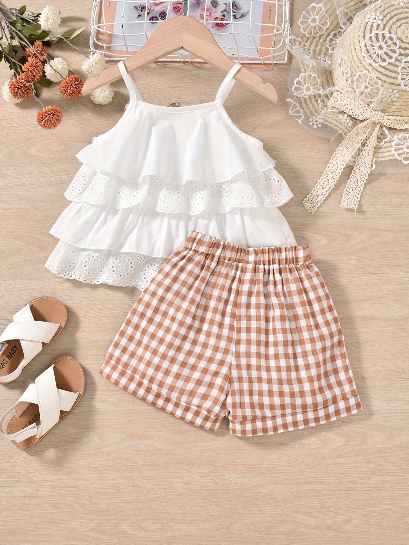 Cute Ruffle Lace Top & Check Shorts Two-Piece Set - White Blouse with Yellow Bow, Yellow & White Gingham Shorts, Perfect for Spring/Summer, Casual Playwear|Ruffle Detail Top|Nonstretch Fabric, for Outdoor
