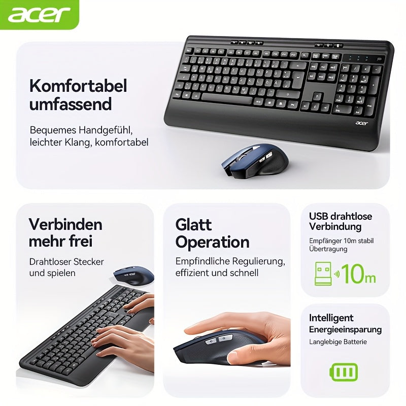 ACER QWERTZ Teclado e Rato Sem Fios com Apoio de Pulso – Preto