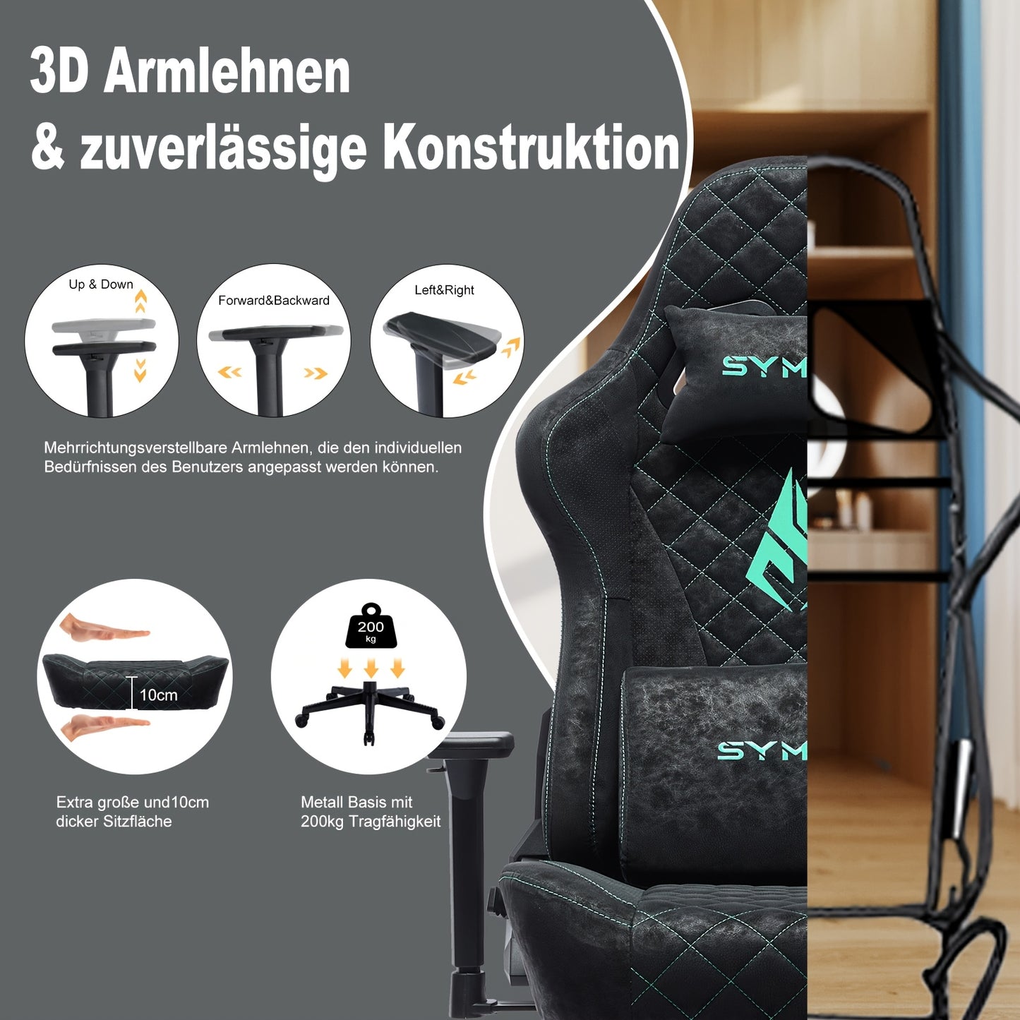 SYMINO Ergonomic Gaming Chair - Vintage Faux Leather, Adjustable Racing Chair Design with Headrest and Footrest, Rotating Task Chairs for PC & Office Use, Black with Teal Accents, Gaming Chair for Adults