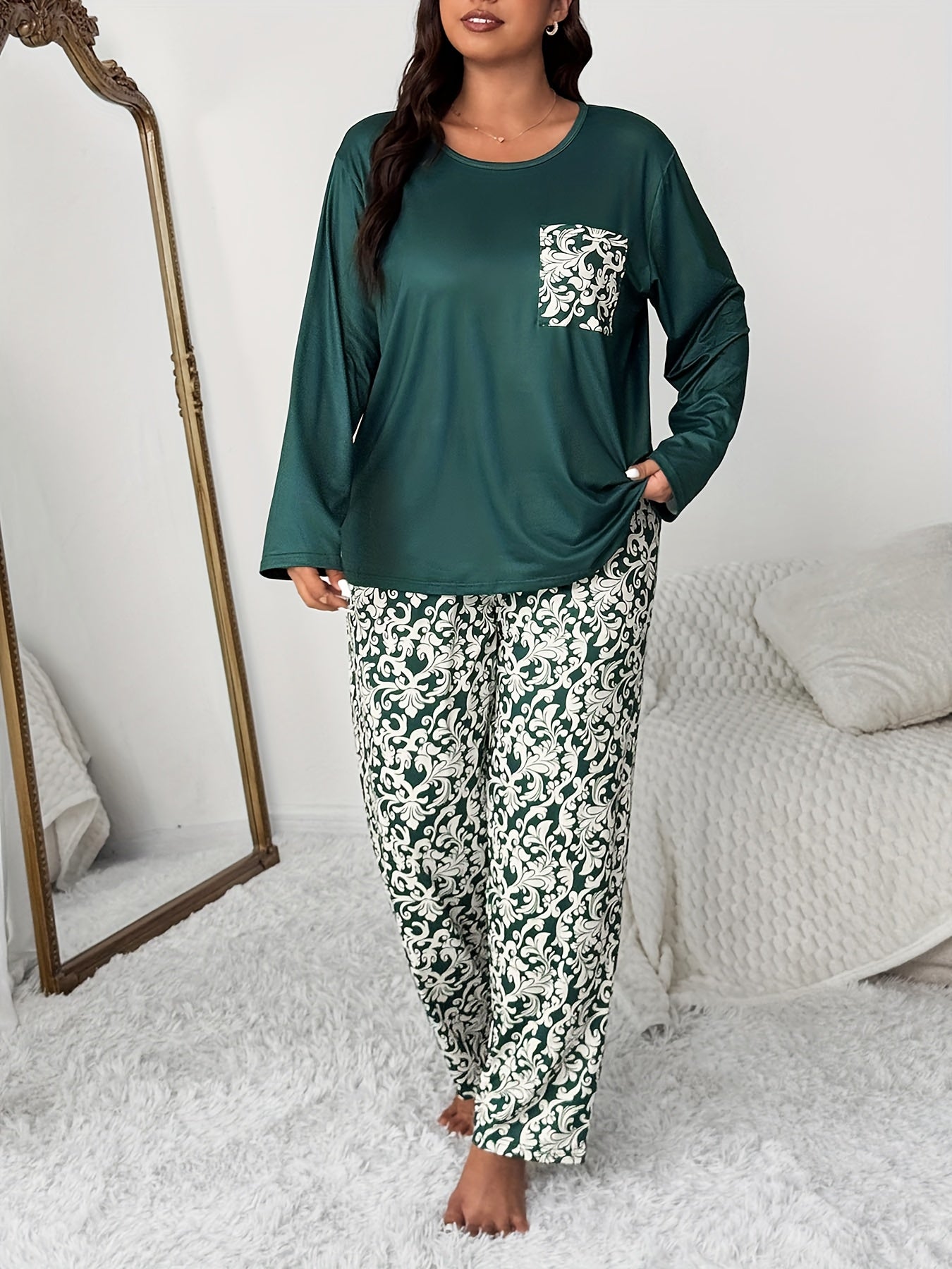 Plus Size Pocket Round Neck Long Sleeve Top and Geometric Floral Print Pants 2pcs Comfortable Casual Pajama Set
