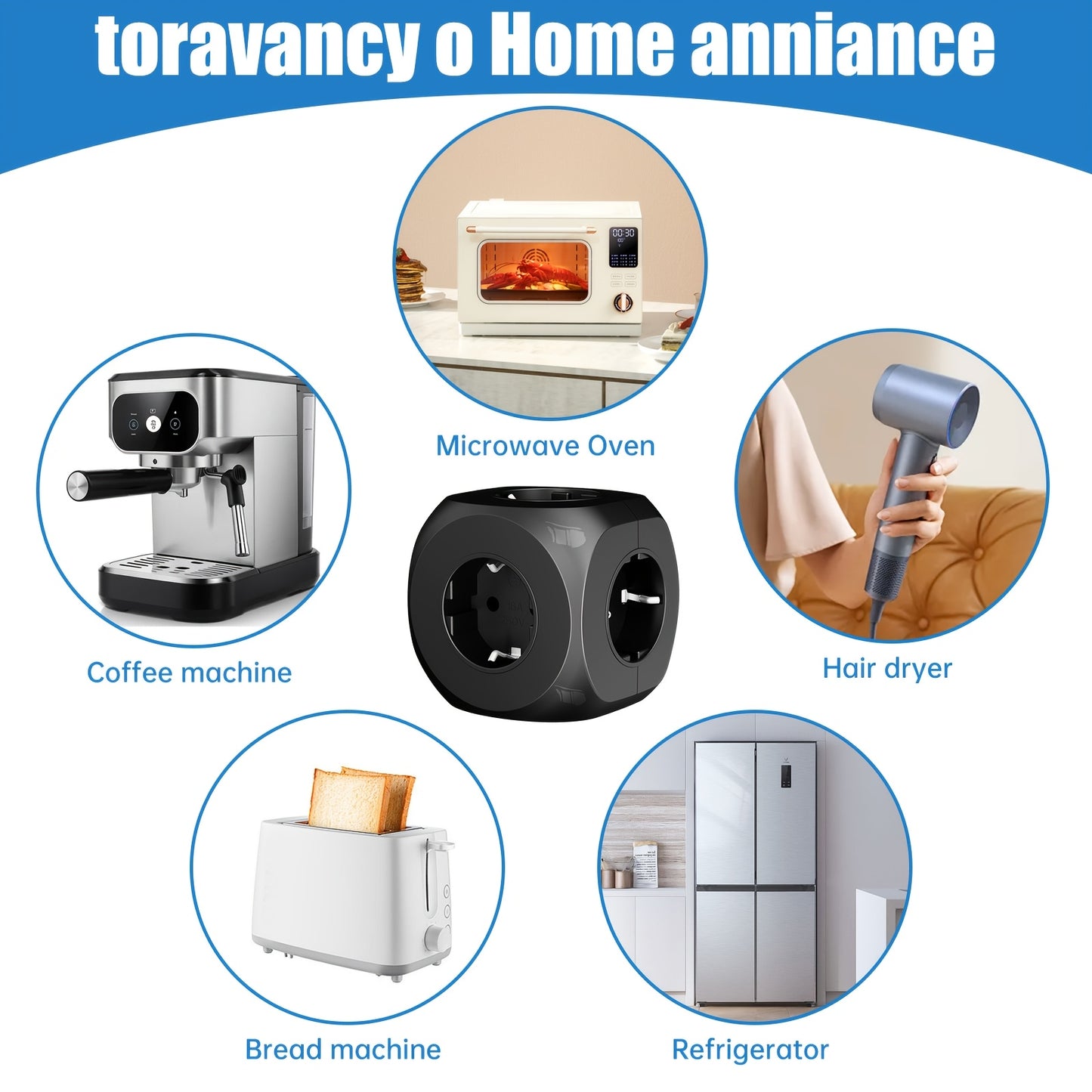 Five-in-one multi-socket cube wall plug, standard European 5 European sockets, multi-socket three-dimensional, suitable for office, home, travel
